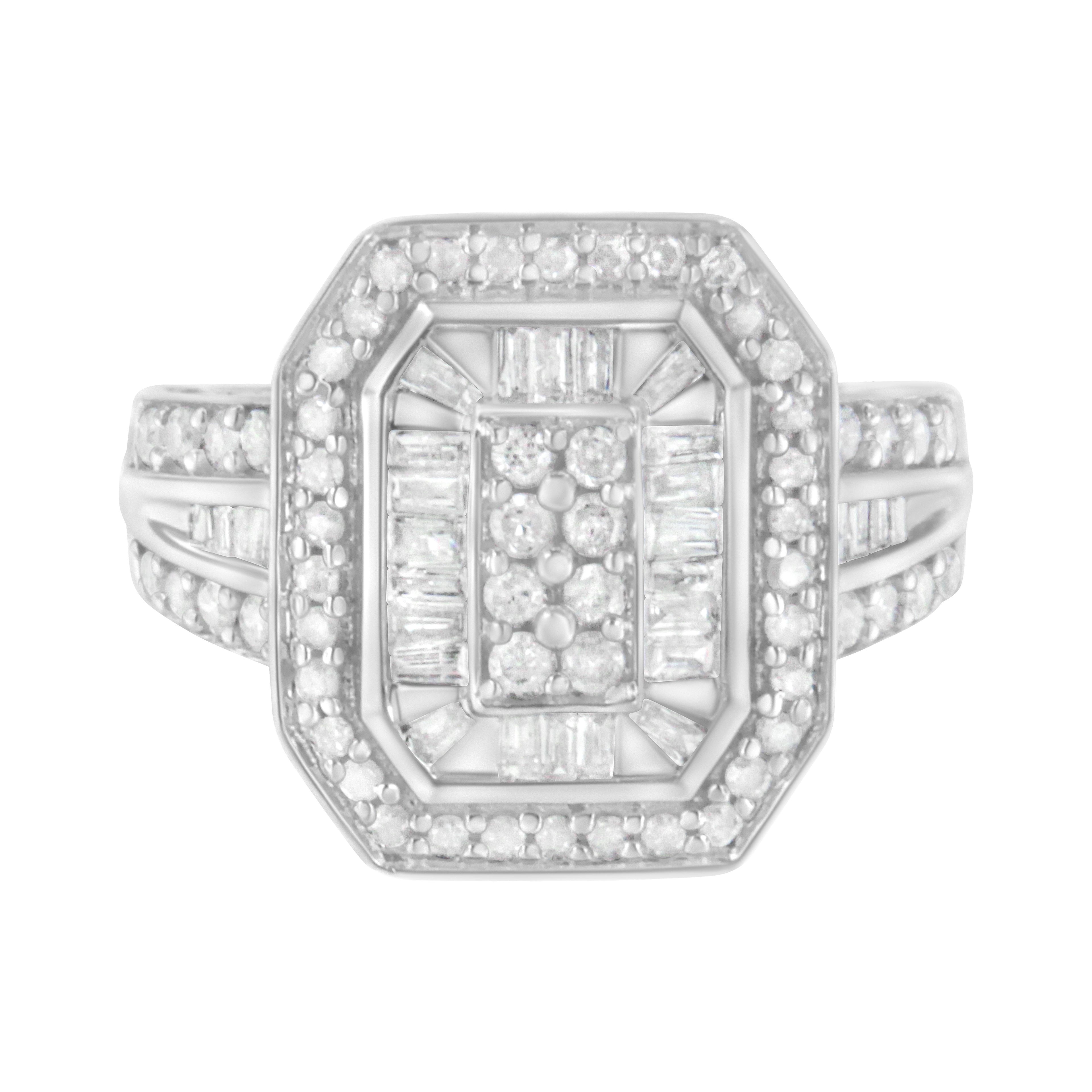 .925 Sterling Silver Round and Baguette Diamond Cathedral Ring (0.75 Cttw, H-I Color, I2-I3 Clarity) - Size 6