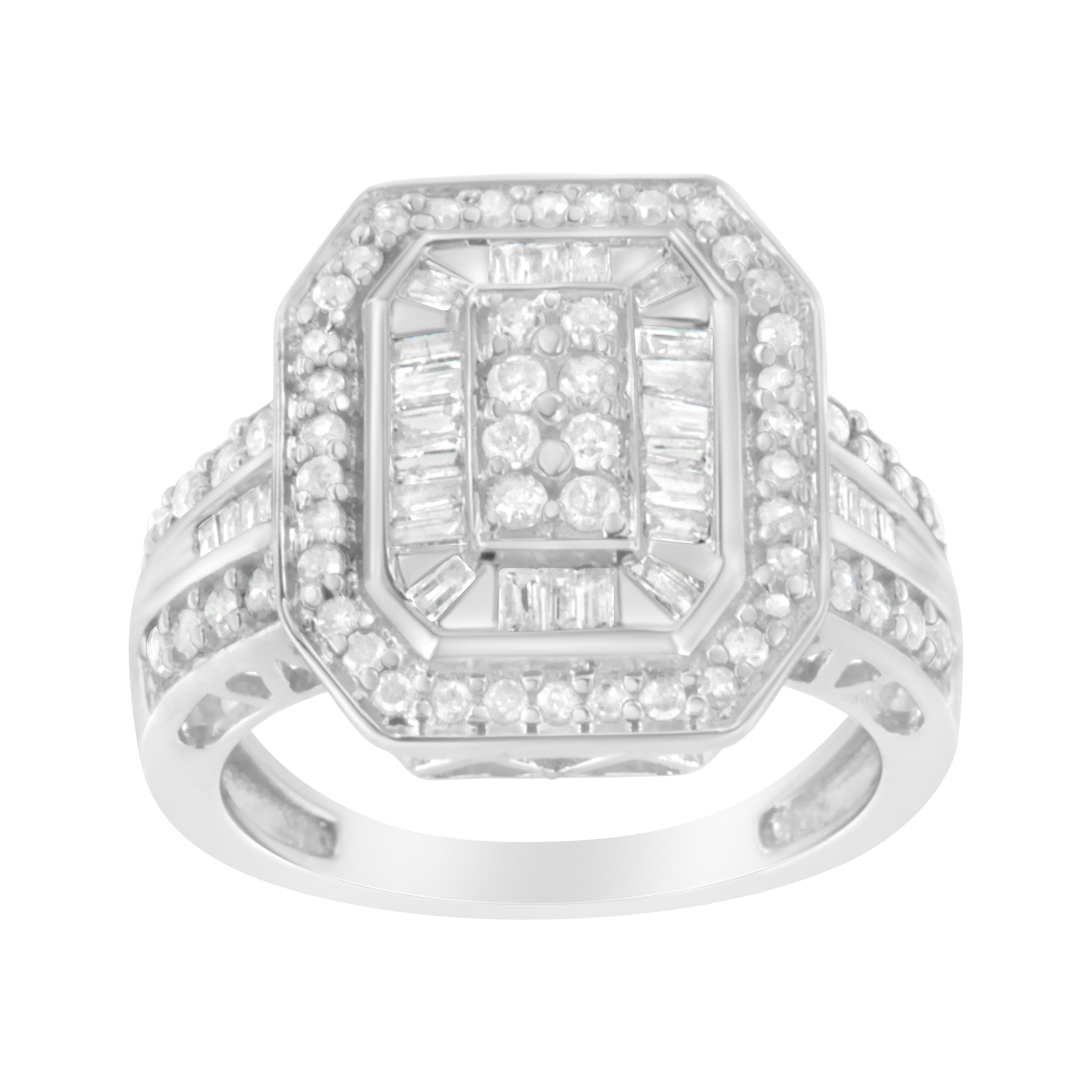 .925 Sterling Silver Round and Baguette Diamond Cathedral Ring (0.75 Cttw, H-I Color, I2-I3 Clarity) - Size 6