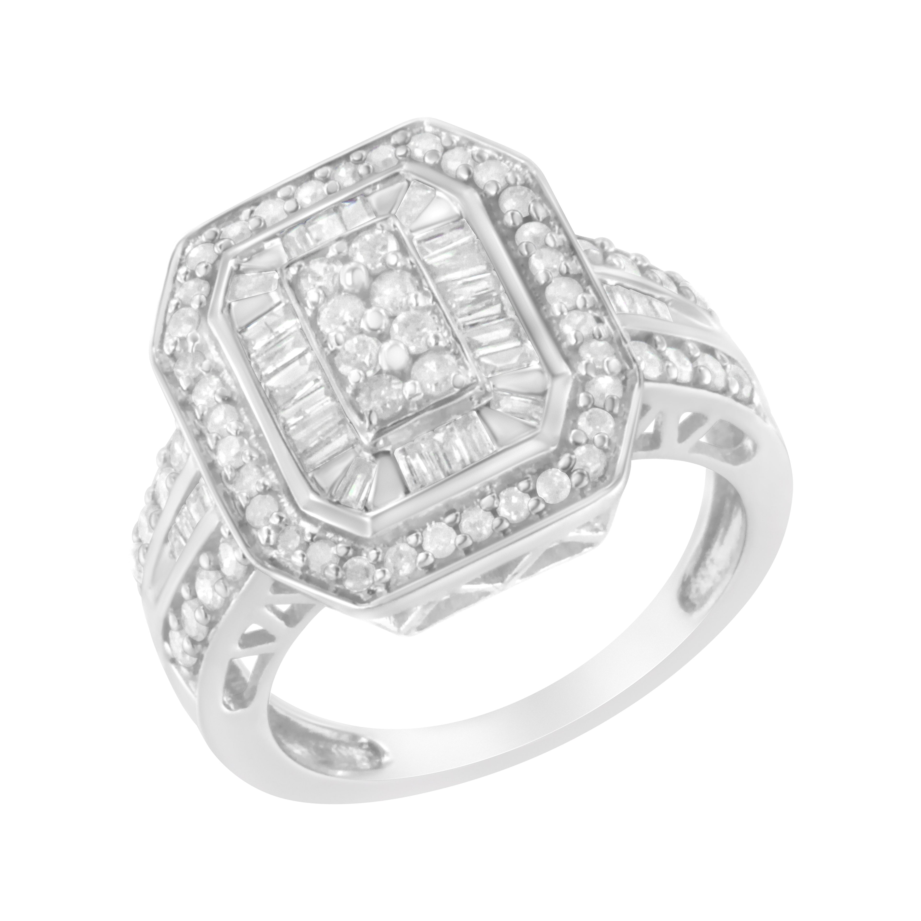 .925 Sterling Silver Round and Baguette Diamond Cathedral Ring (0.75 Cttw, H-I Color, I2-I3 Clarity) - Size 6