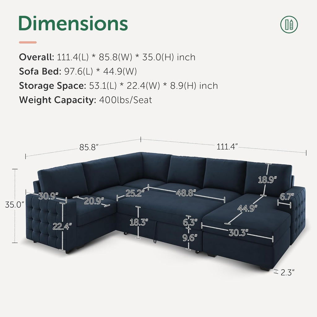 Blue Velvet U Shaped Sleeper Sofa With Pull Out Bed