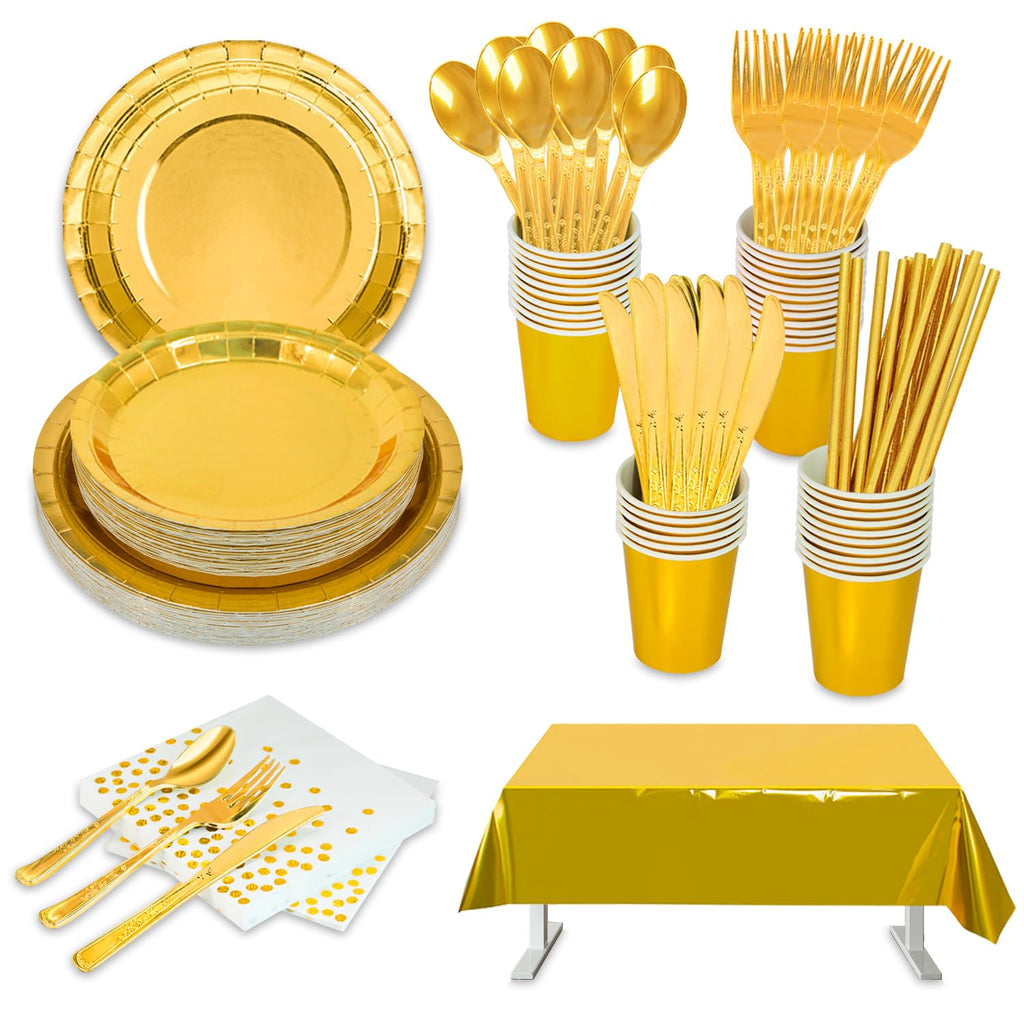 201 Pieces Gold Disposable Party Dinnerware Set - Gold Paper Plates Napkins Cups Tubes Gold Plastic Forks Knives Spoons and tablecloth serve for 25 Guests