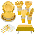 201 Pieces Gold Disposable Party Dinnerware Set - Gold Paper Plates Napkins Cups Tubes Gold Plastic Forks Knives Spoons and tablecloth serve for 25 Guests