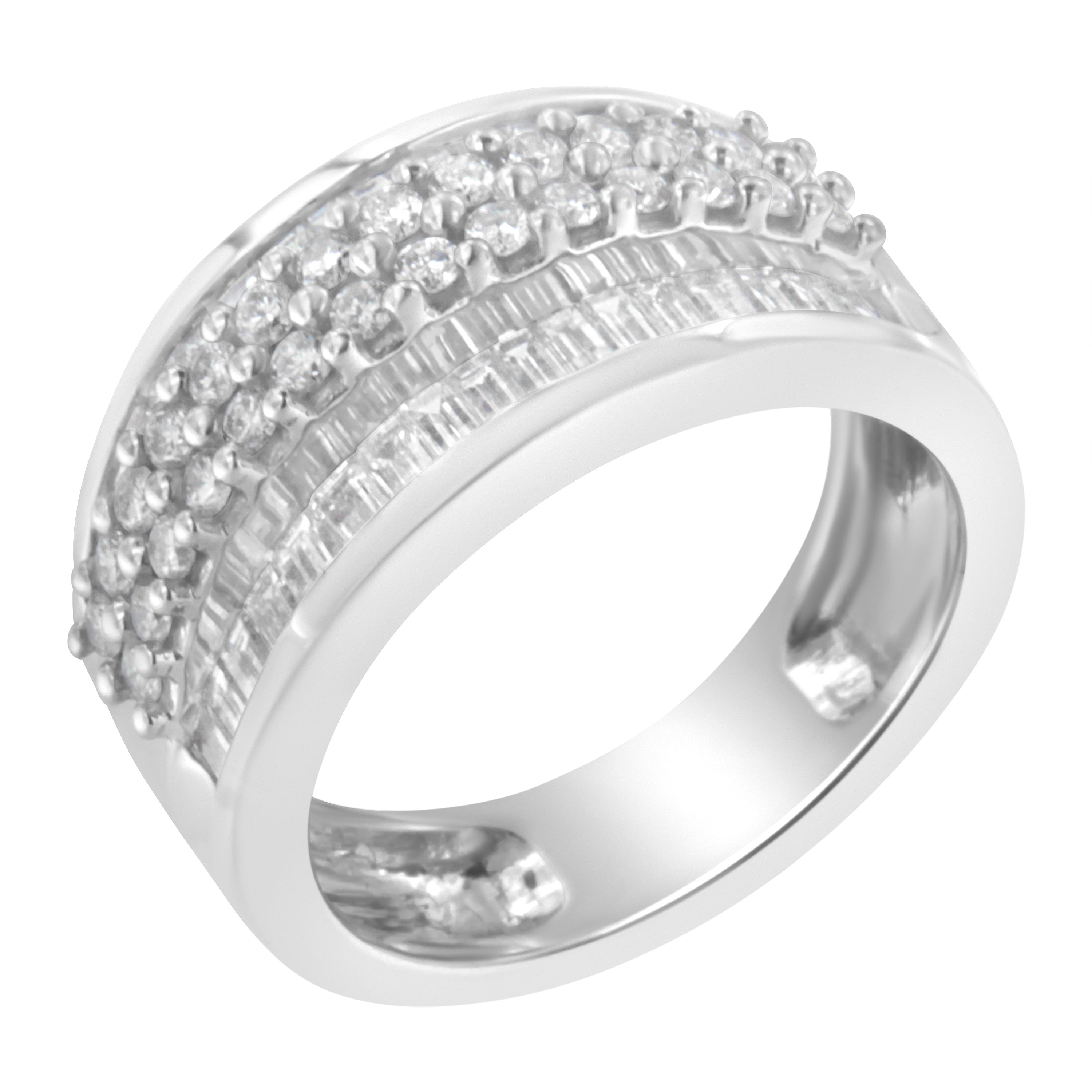 14K White Gold Round and Baguette Diamond Ring (1 1/2 Cttw, F-G Color, SI1-SI2 Clarity) - Size 8
