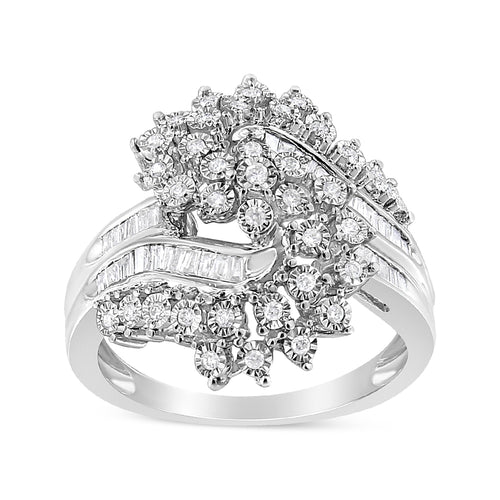 10K White Gold 1/2 Cttw Round and Baguette-Cut "S" Shaped Bypass Cocktail Ring (I-J Color, I1-I2 Clarity) - Size 6