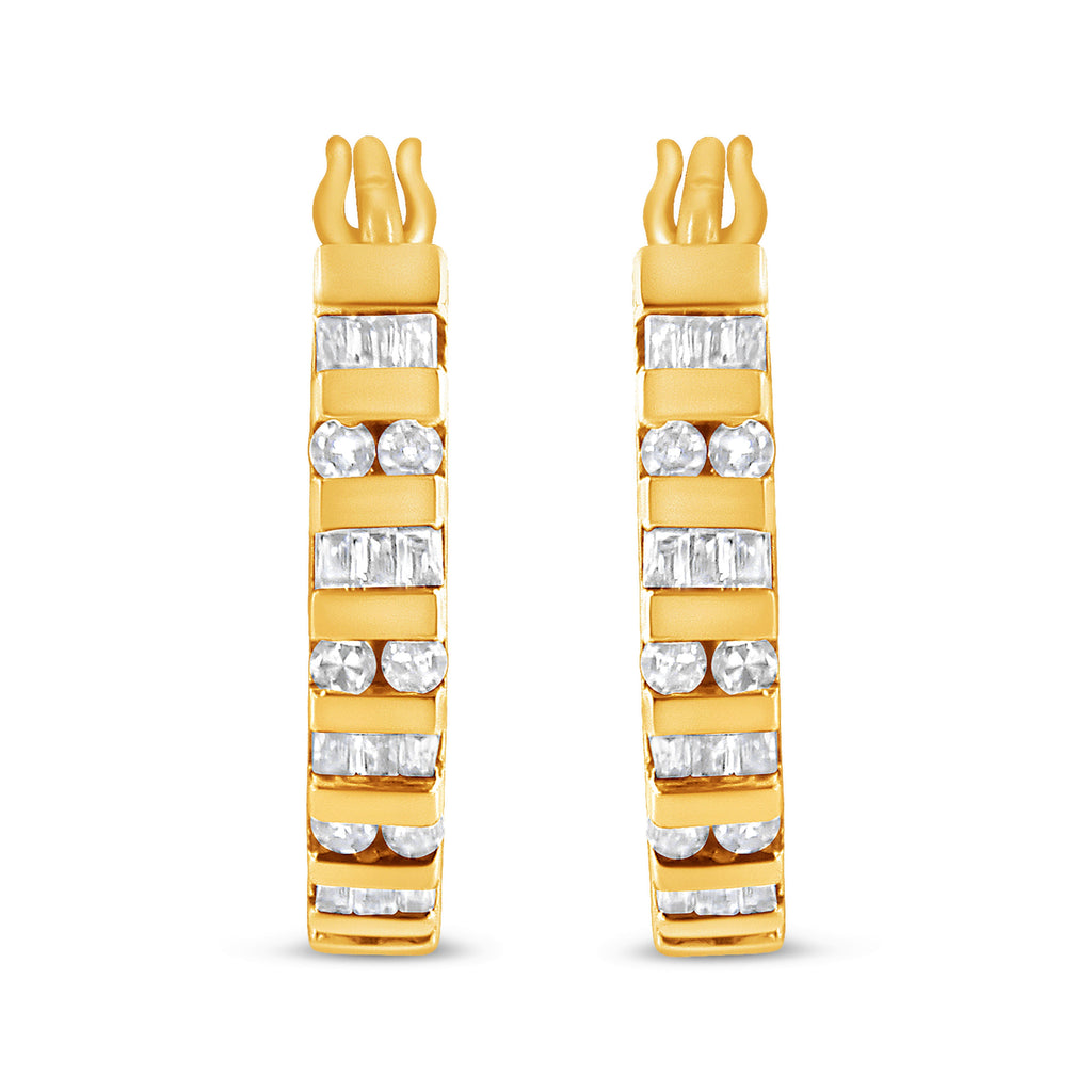 10K Yellow Gold 1.0 Cttw Round and Baguette-Cut Diamond Hoop Earrings (I-J Color, I2-I3 Clarity)