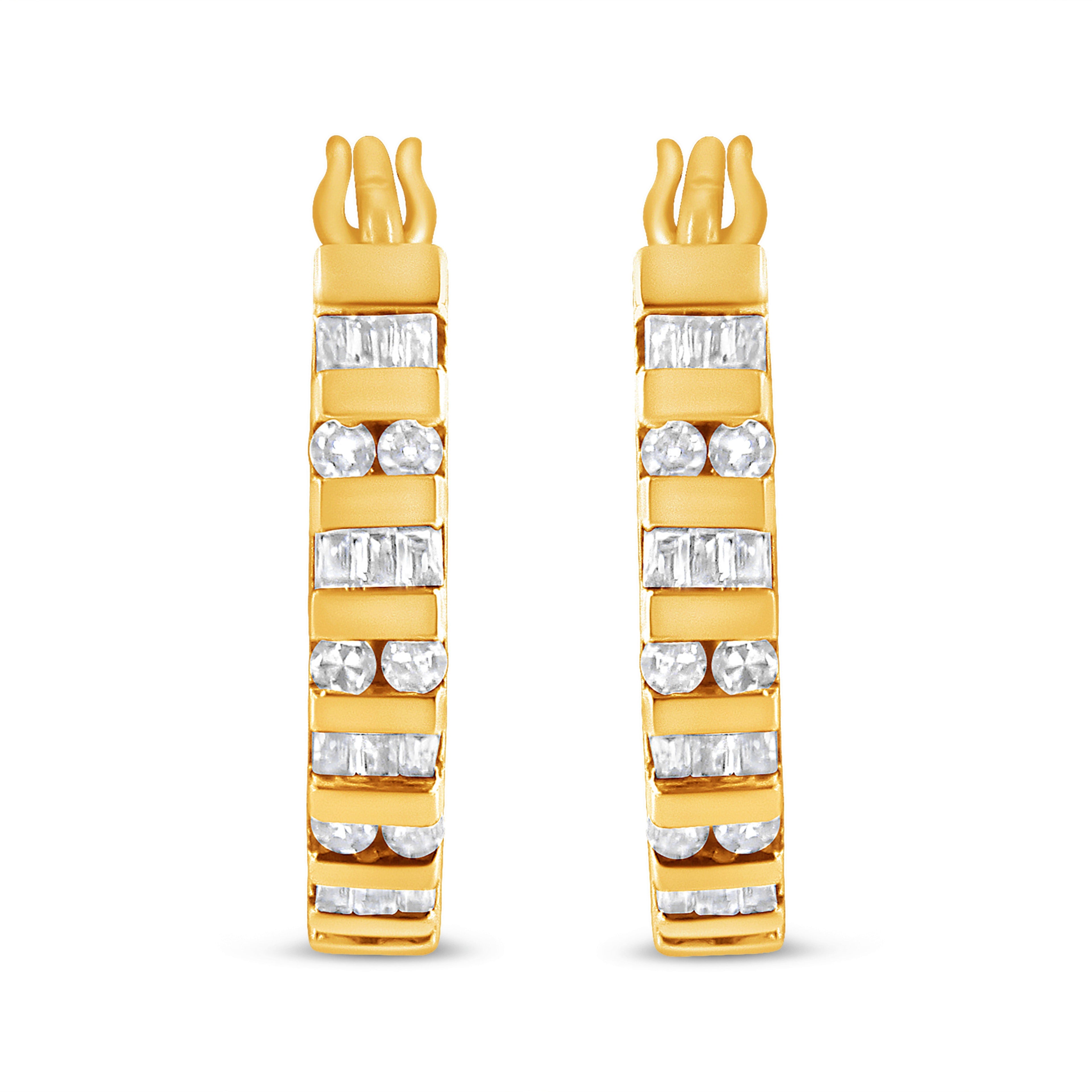 10K Yellow Gold 1.0 Cttw Round and Baguette-Cut Diamond Hoop Earrings (I-J Color, I2-I3 Clarity)