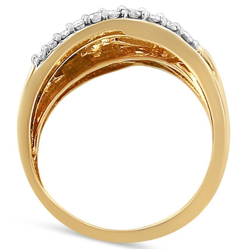 10K Yellow and White Gold 1.0 Cttw Round and Baguette-Cut Diamond Multirow Interwoven Cocktail Ring (I-J Color, I2-I3 Quality) - Size 6