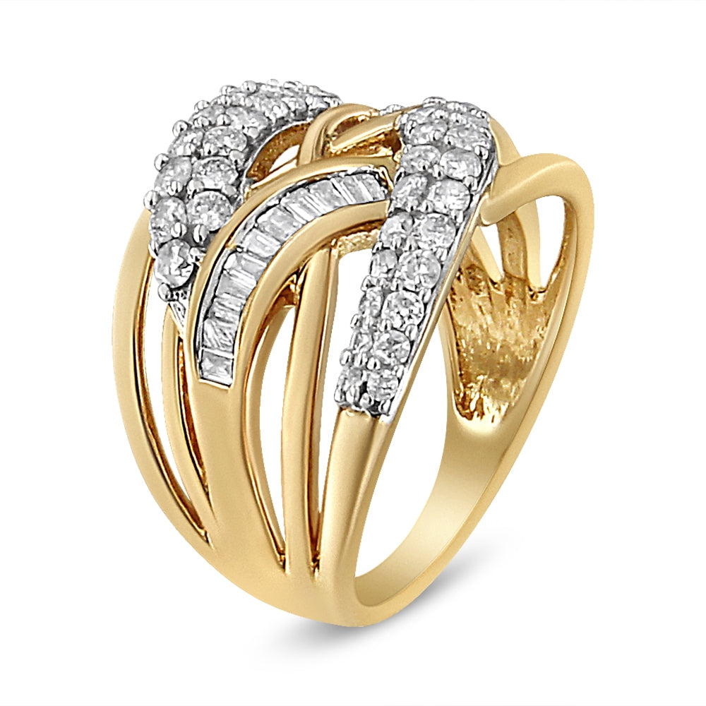 10K Yellow and White Gold 1.0 Cttw Round and Baguette-Cut Diamond Multirow Interwoven Cocktail Ring (I-J Color, I2-I3 Quality) - Size 6