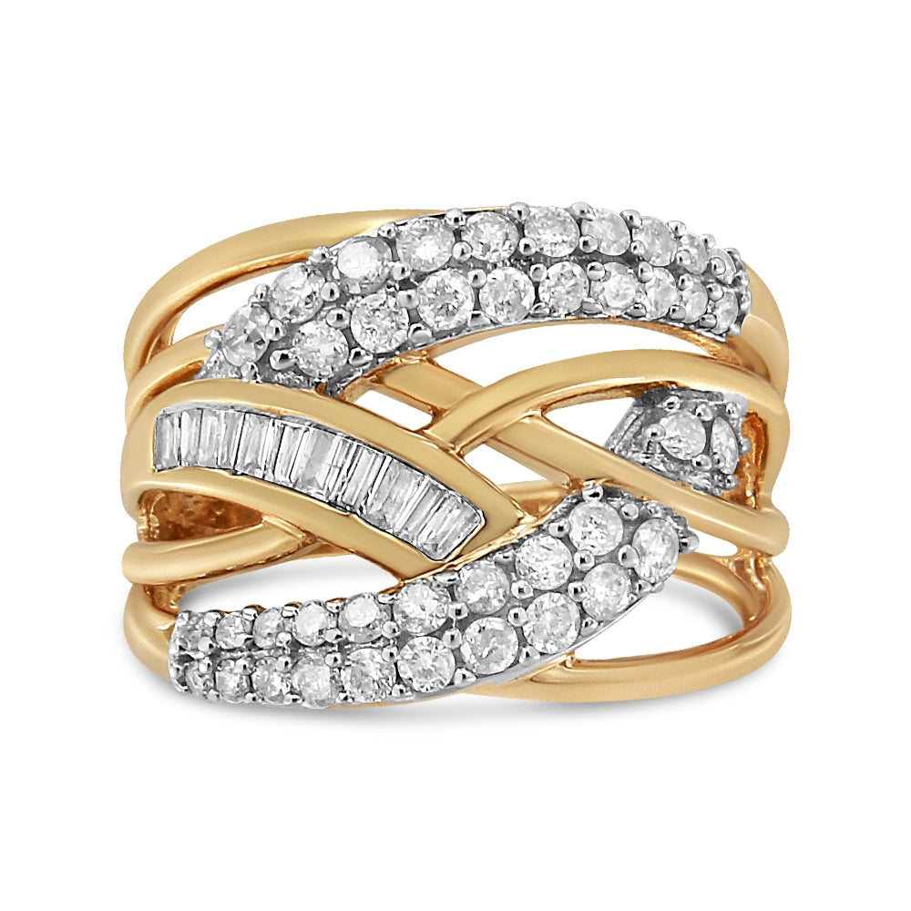 10K Yellow and White Gold 1.0 Cttw Round and Baguette-Cut Diamond Multirow Interwoven Cocktail Ring (I-J Color, I2-I3 Quality) - Size 6