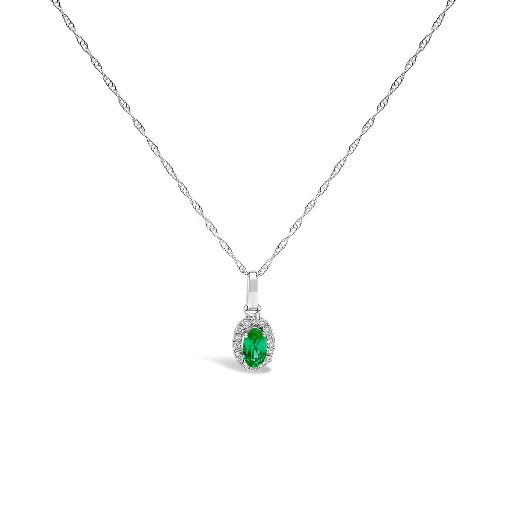 10K White Gold 5x3mm Green Emerald and Diamond Accent Halo Oval Shape 18" Pendant Necklace (I-J Color, I1-I2 Clarity)