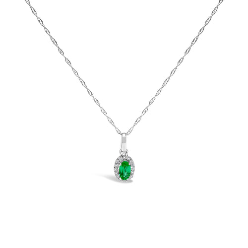 10K White Gold 5x3mm Green Emerald and Diamond Accent Halo Oval Shape 18" Pendant Necklace (I-J Color, I1-I2 Clarity)