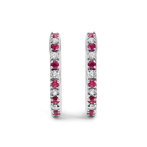 10K White Gold Alternating Diamond and Red Ruby Huggy Hoop Earrings (I-J Color, I1-I2 Clarity)