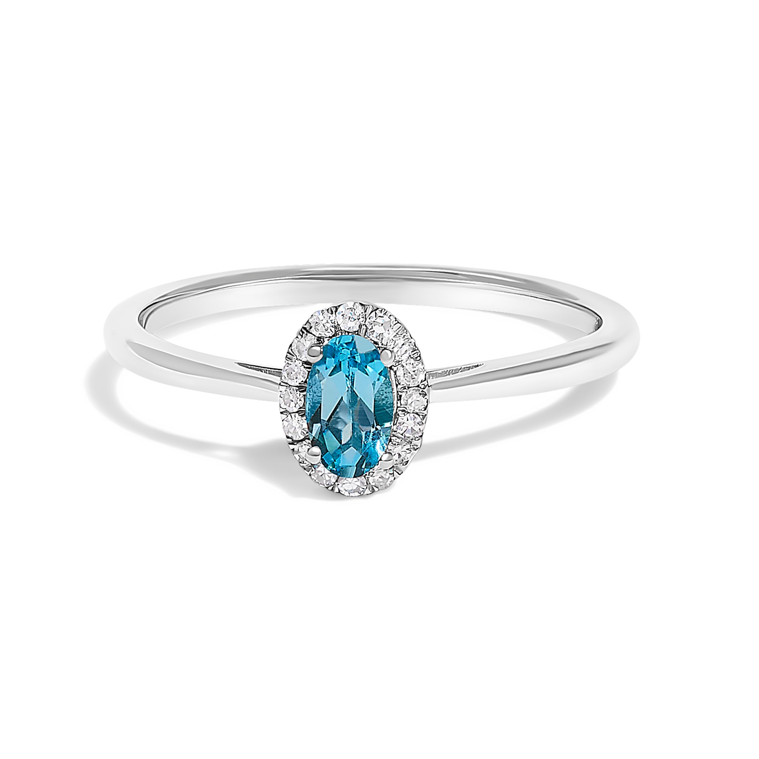 10K White Gold 5X3MM Oval Blue Topaz and Diamond Accent Halo Ring (I-J Color, I1-I2 Clarity) - Ring Size 8