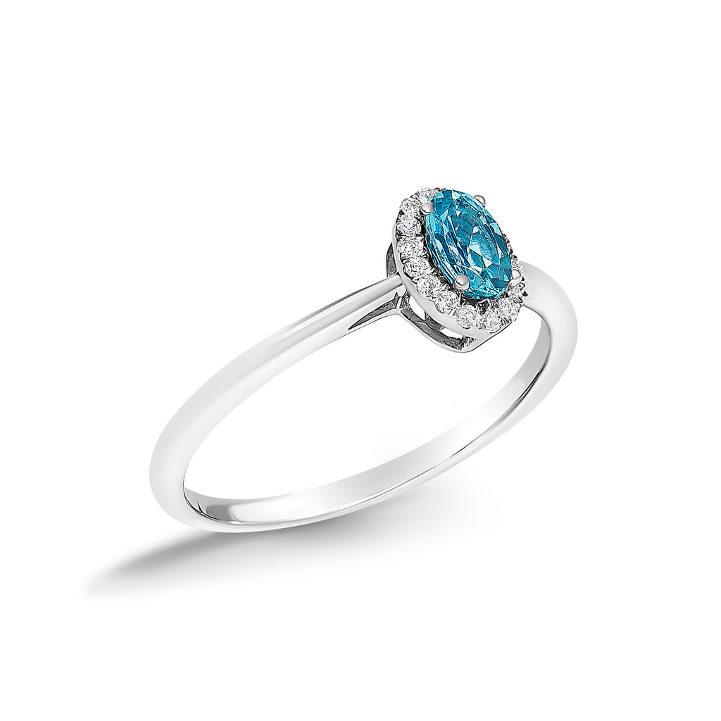 10K White Gold 5X3MM Oval Blue Topaz and Diamond Accent Halo Ring (I-J Color, I1-I2 Clarity) - Ring Size 8