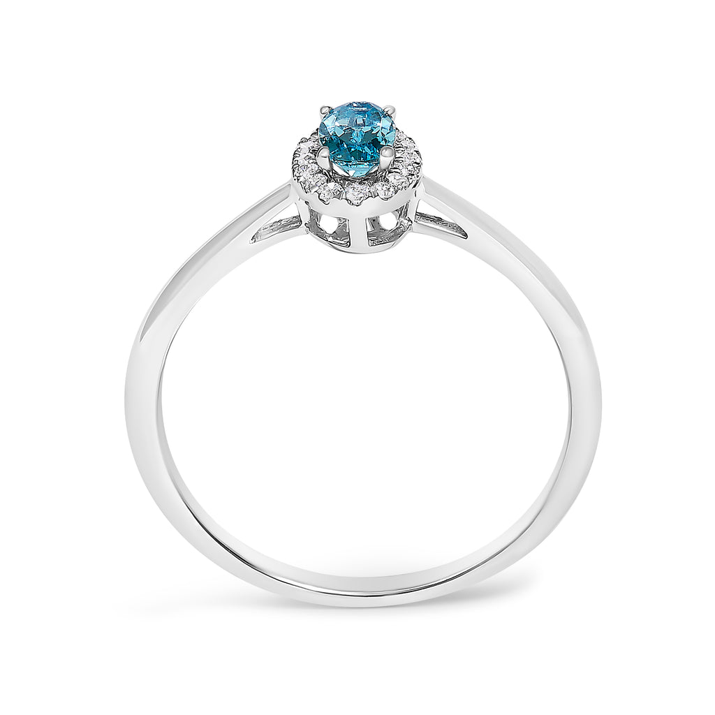 10K White Gold 5X3MM Oval Blue Topaz and Diamond Accent Halo Ring (I-J Color, I1-I2 Clarity) - Ring Size 8