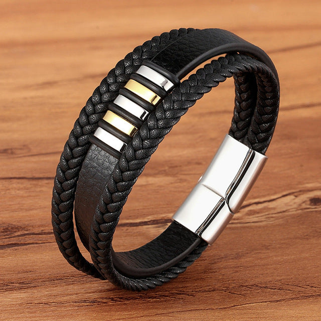 Men's Multi-Layer Braided Leather Bracelet in Stainless Steel
