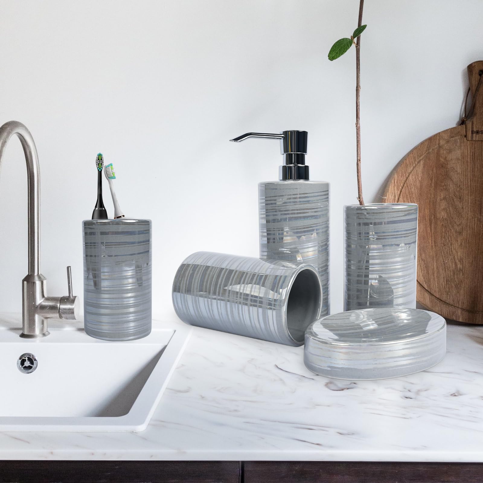 Amaauto Gray Bathroom Accessories Set 4 Pcs Soap Dispenser Ceramic Bathroom Decor Set with Toothbrush Cup*2 Gray Soap Dispenser Soap Dish