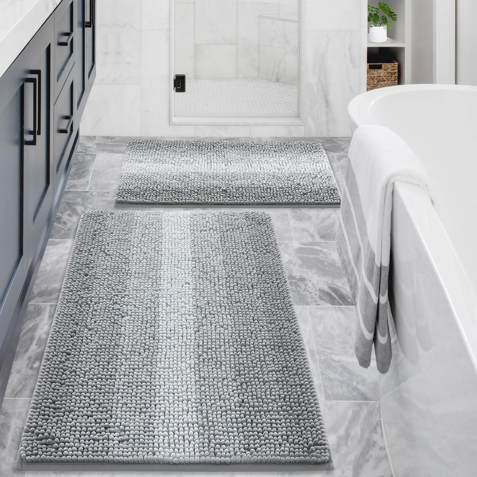 Gibelle Grey Bathroom Rug Set 2 Piece Chenille Non Slip Bath Mat Set Absorbent Shower Rug and Bath Room Floor Mats Quick Dry Bathmat Bathroom Decor Accessories for Tub 16" x 24" 20" x 32"