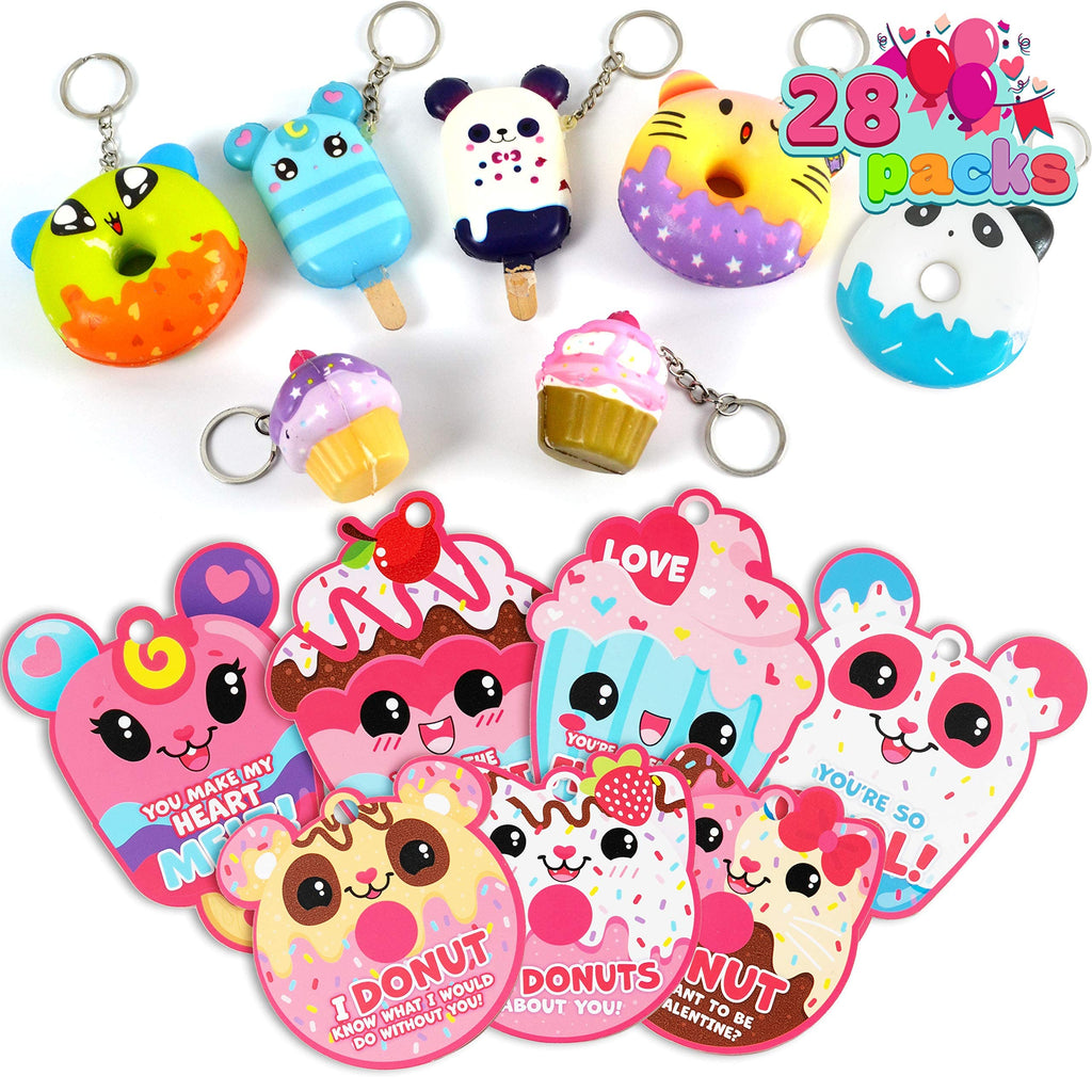 JOYIN 28 Packs Dessert squishy toys Stress Relief Keychains with Cards for Classroom Exchange Prizes Fidget Toy Valentine’s Greeting Cards Valentine Party Favors Valentine Exchange Gifts