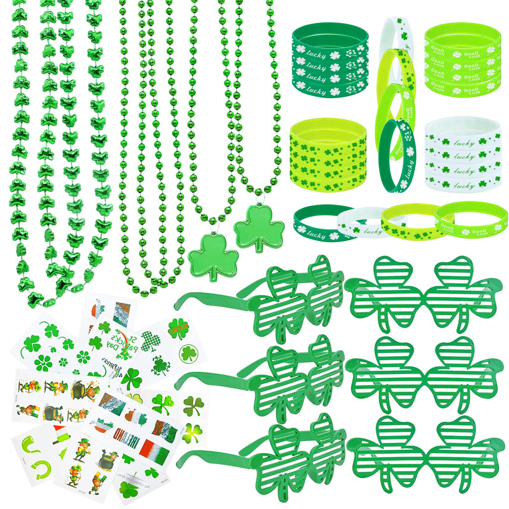 96Pcs St. Patricks Day Party Favors Set Shamrock Glasses Necklaces Bracelets Tattoos St. Patricks Day Accessories Decorations Supplies