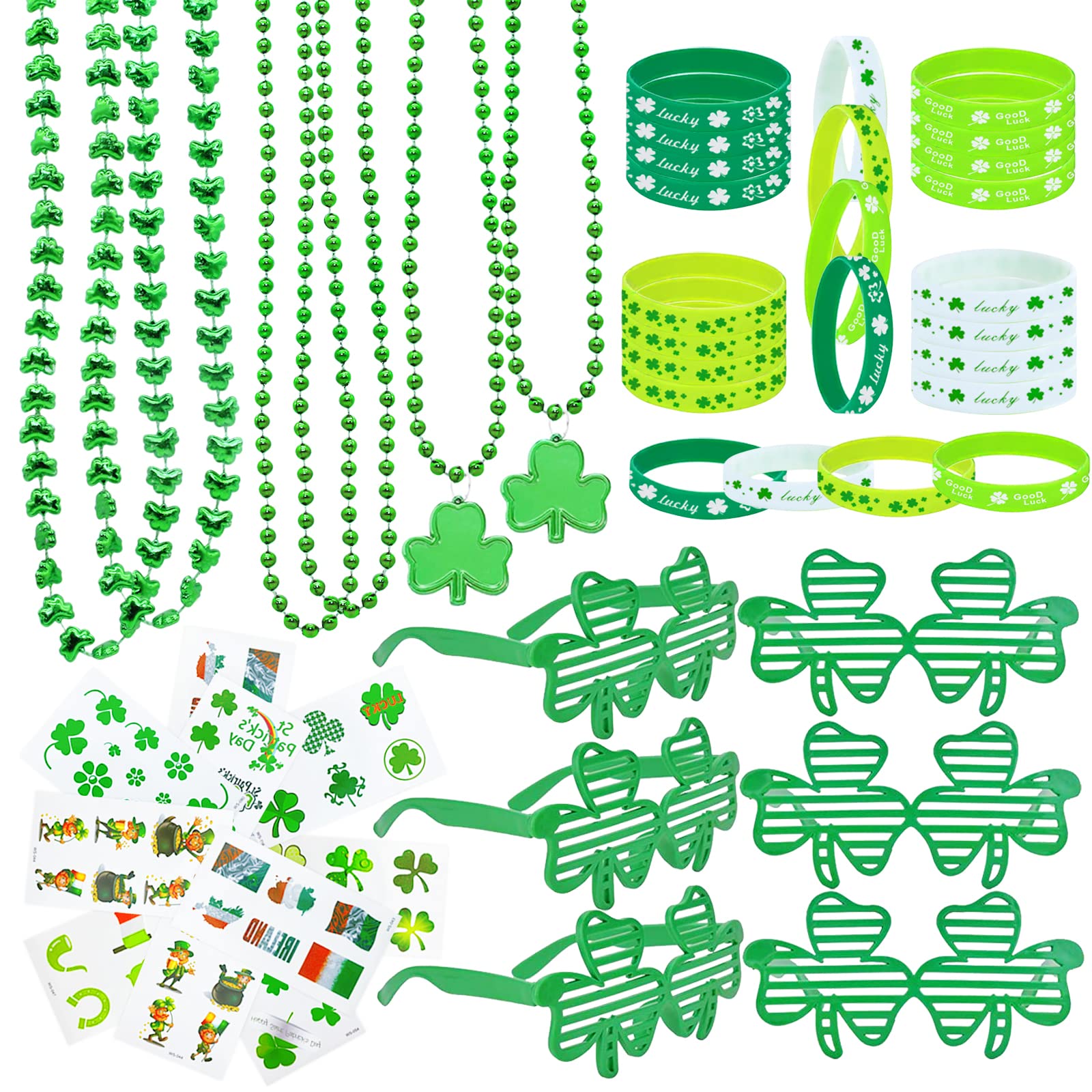 96Pcs St. Patricks Day Party Favors Set Shamrock Glasses Necklaces Bracelets Tattoos St. Patricks Day Accessories Decorations Supplies