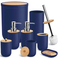 Blue Bathroom Accessories Set 8 Pack Navy Blue Bathroom Decor Accessory Sets Complete with Trash Can Bamboo Bath Soap Dispenser Toothbrush Holder Set Toilet Brush Qtip Holders Soap Dish