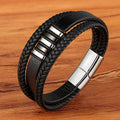 Men's Multi-Layer Braided Leather Bracelet in Stainless Steel