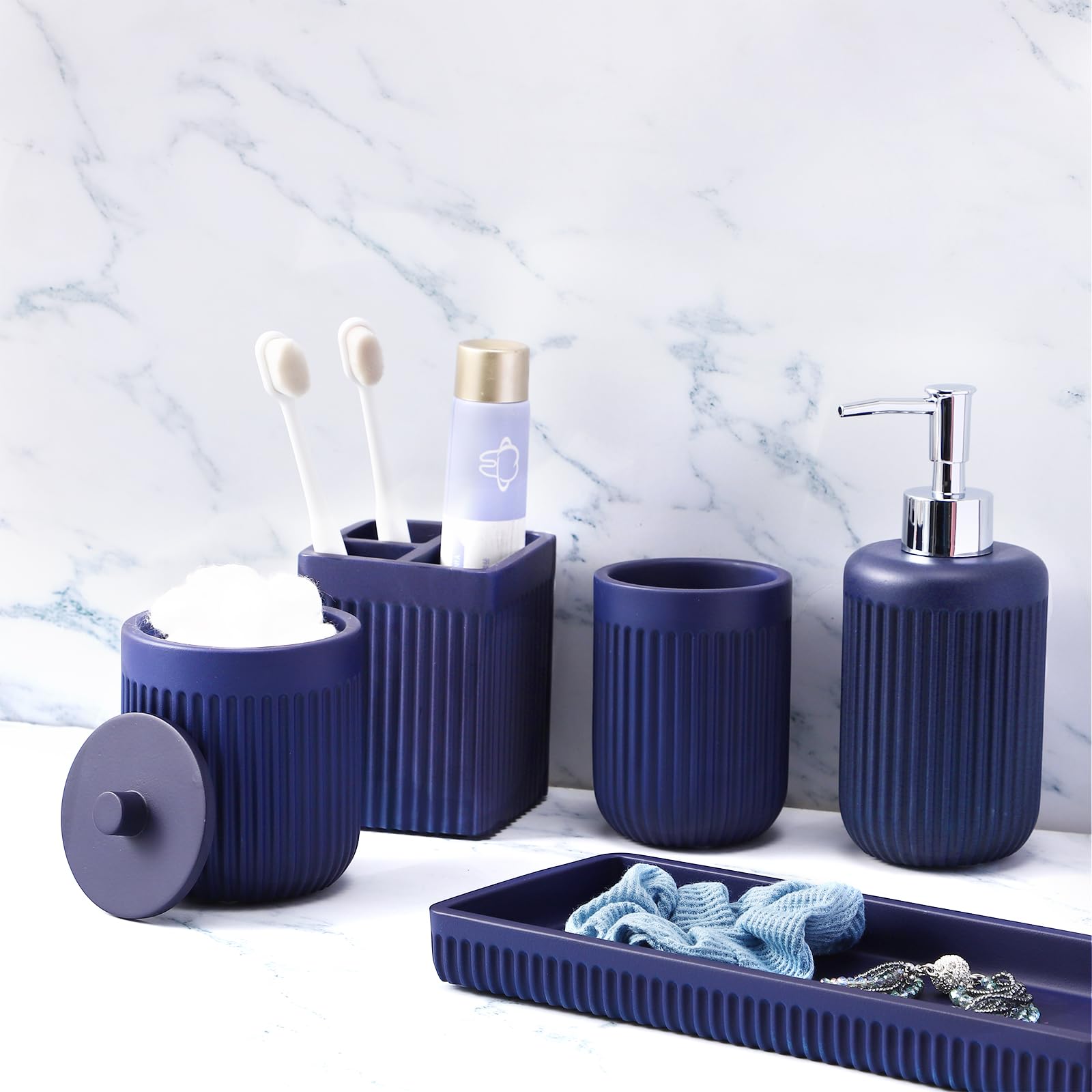 XLHOMO Resin Navy Blue Bathroom Accessories Set 5 Pcs Lotion Soap Dispenser Toothbrush Holder Bathroom Tumbler Qtip Holder and Vanity Tray Bathroom Countertop Organizer Set for Modern Apartment