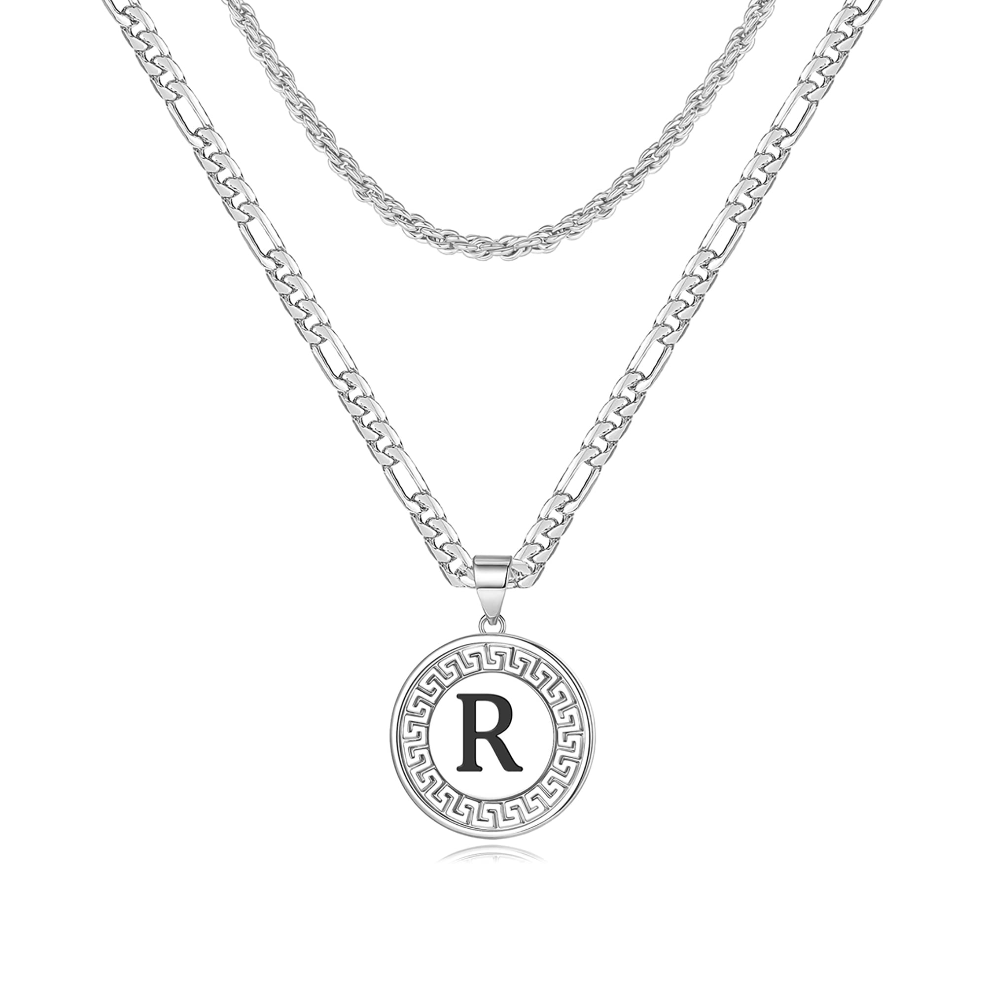 Silver Initial Necklace for Men - Silver Letter Pendant Initial R Necklace for Men Stainless Steel Letter Necklace for Men Layered Silver Mens Necklace Chain Mens Initial Necklace Mens Jewelry Gifts