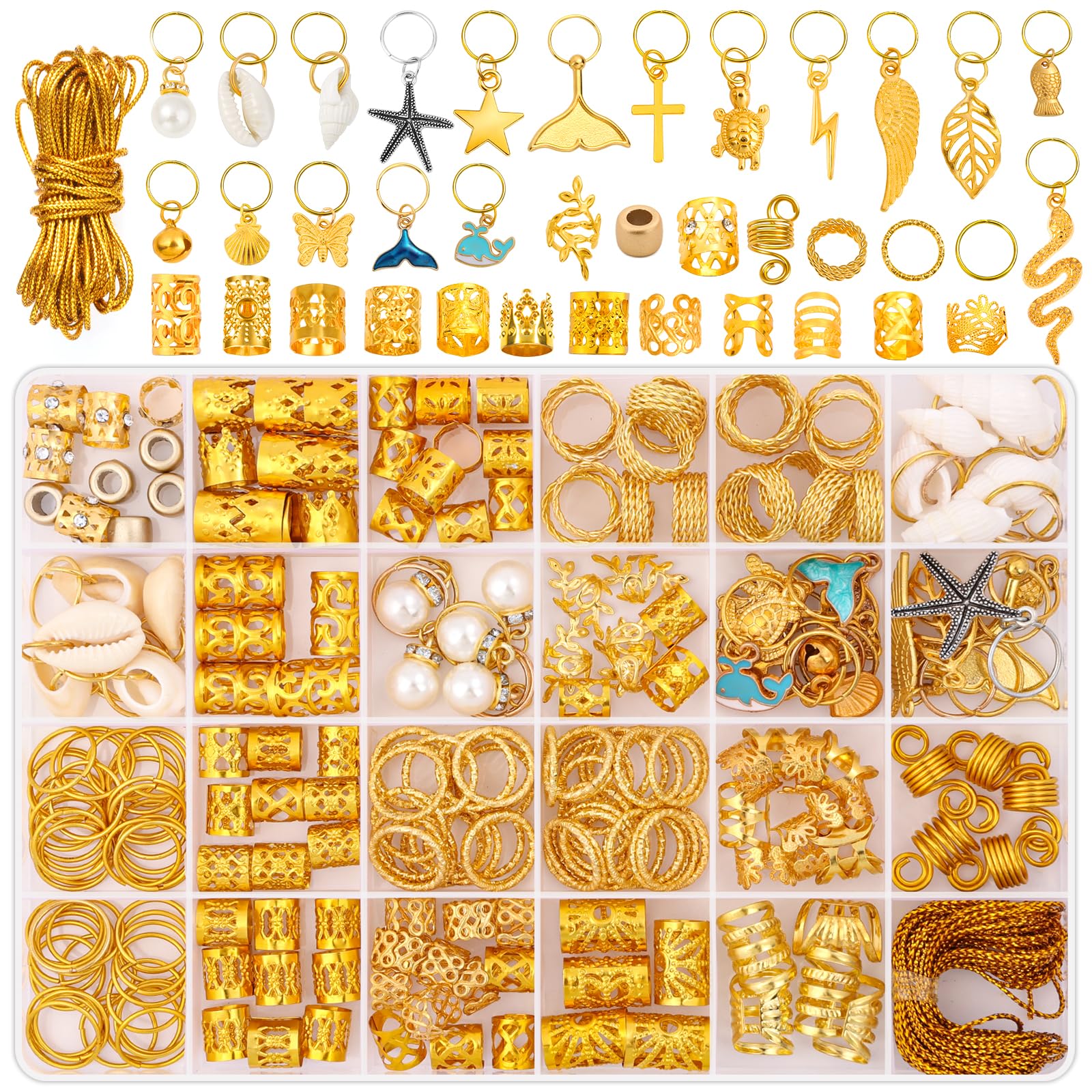 Qinzave 255 PCS Gold Hair Jewelry for Braids 38 Styles Loc Jewelry Hair Charms for Women Men Metal Gold Hair Cuffs Rings Clips for Dreadlock Accessories Hair Braids Jewelry Decorations(Gold)