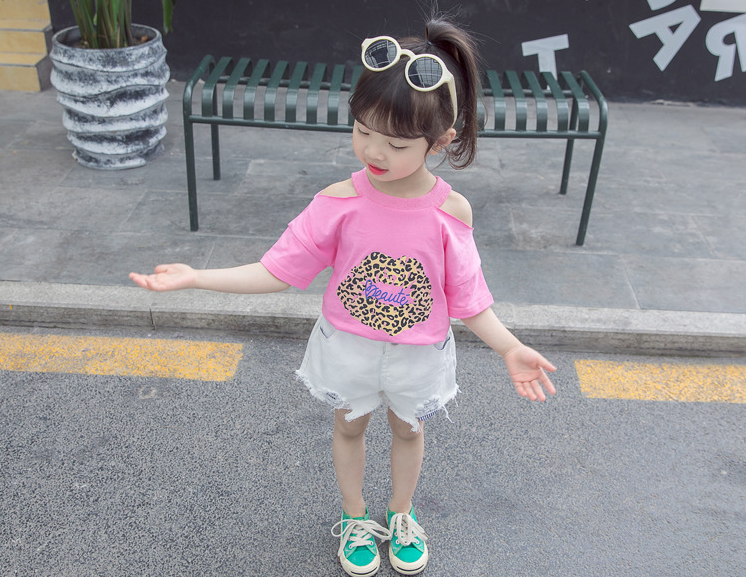 Color: Purple T shirt, Size: 90cm - Girls pocket striped raw denim shorts