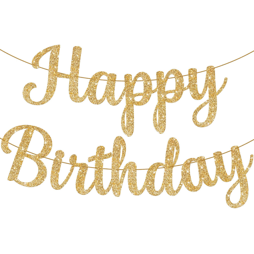 KatchOn Cursive Glitter Gold Happy Birthday Banner - Pre-Strung 10 Feet No DIY | Real Gold Birthday Party Decorations | Gold Happy Birthday Sign for Girls Gold Happy Birthday Decorations for Women