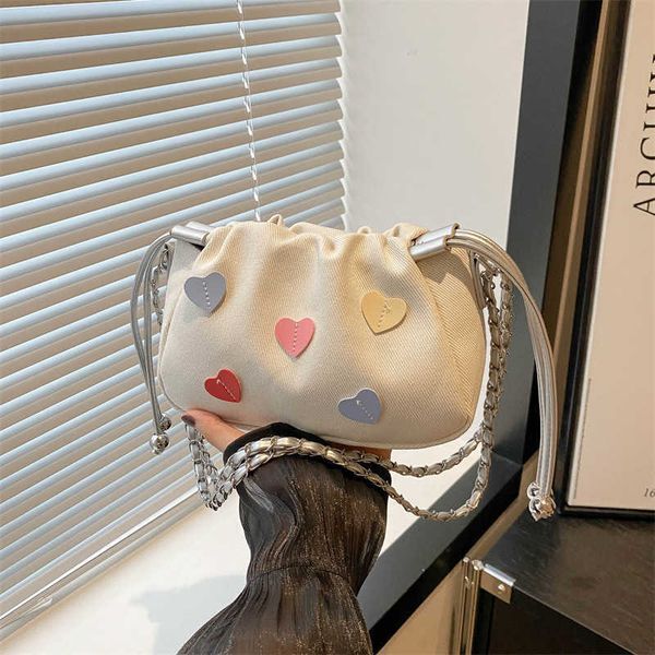 Color: White - Beautiful Literature and Art This Year's Popular Commuting Personality 2024 Love New Fashion Drawstring Chain Single Shoulder Crossbody Bag for Women 241227