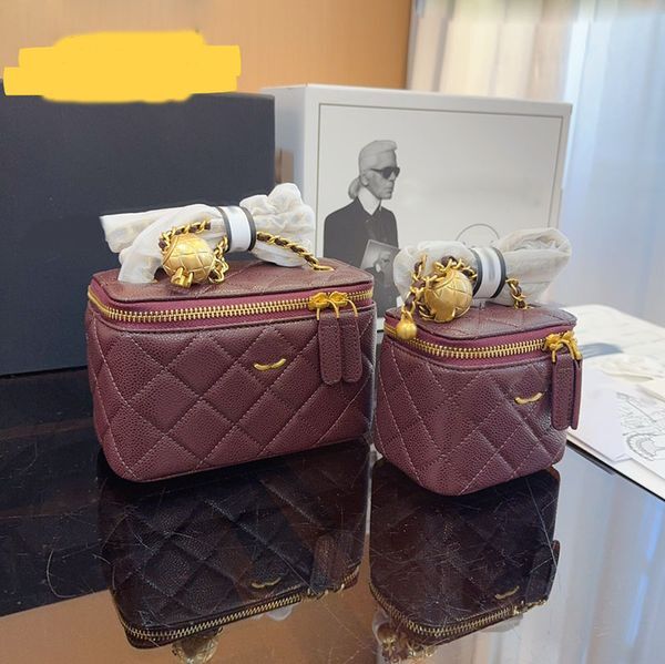 Color: Grey - 10/16cm Women Designer Makeup Bag Caviar Leather Gold Ball Metal Hardware Matelasse Chain Zipper Cosmetic Case 6 Colors Purse Shoulder Cross Body Handbag