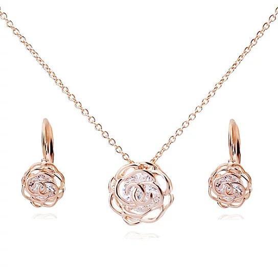 Color Style: Gold - Rose Is A Rose Pendant And Chain 18kt Rose With 2ct CZ Bonus Free Earrings In White Yellow And Rose Gold Field