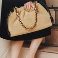 Color: Khaki - Women Real Suede Leather Chain Shoulder Bags Purses And Handbags Soft Underarm Hobo Bucket Crossbody Evening Bag Fashion Cloud Drawstring Totes Day Clutches 3361
