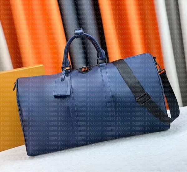 Color: #5 Light blue Denim - Adult: yes - Designer Bag Top Quality Men Duffle Bag Mens duffle sports travel bags Genuine Leather Travel Handbag Shoulder Luggage Crossbody Bag Women Blue Denim Bags 50CM
