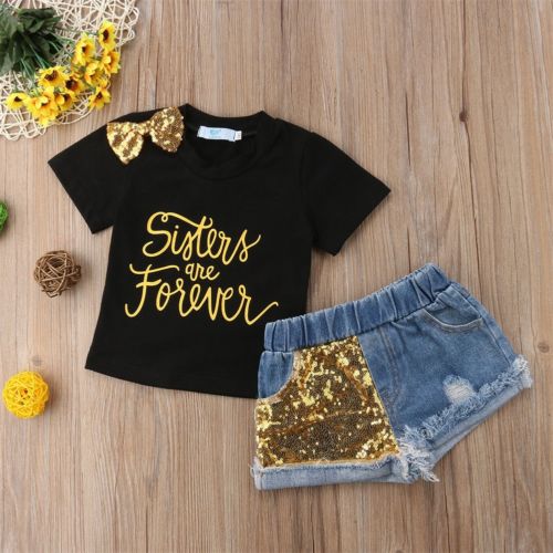 Black short-sleeved denim shorts children's suit