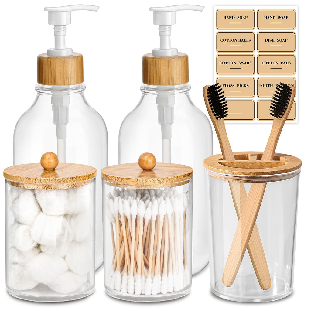 ALPIRIRAL Bamboo Bathroom Accessory Set 5 Pcs Boho Bathroom Accessories Sets Complete Clear Bath Soap Dispenser and Toothbrush Holder Set Bathroom Counter Decor Qtip Cotton Ball Cotton Pads Holder