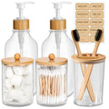 ALPIRIRAL Bamboo Bathroom Accessory Set 5 Pcs Boho Bathroom Accessories Sets Complete Clear Bath Soap Dispenser and Toothbrush Holder Set Bathroom Counter Decor Qtip Cotton Ball Cotton Pads Holder