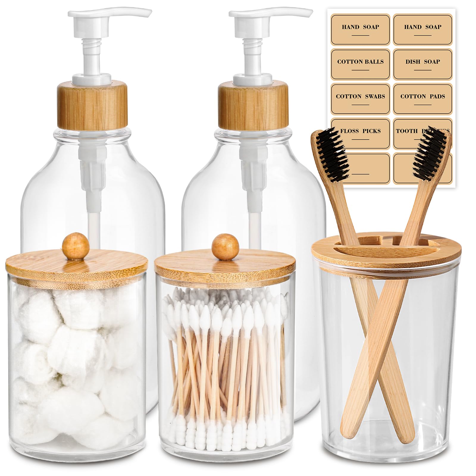 ALPIRIRAL Bamboo Bathroom Accessory Set 5 Pcs Boho Bathroom Accessories Sets Complete Clear Bath Soap Dispenser and Toothbrush Holder Set Bathroom Counter Decor Qtip Cotton Ball Cotton Pads Holder