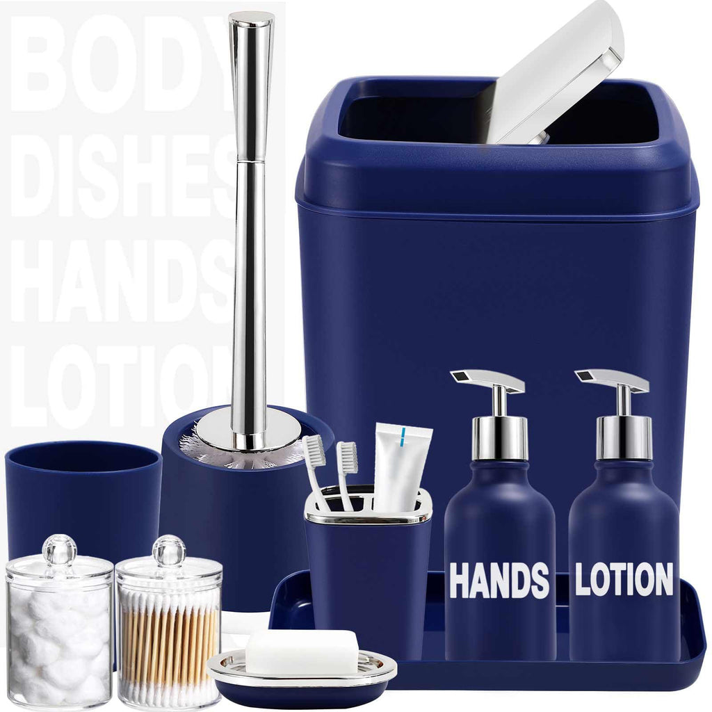 XLHOMO Navy Blue Bathroom Accessories Set - 10 Piece Bathroom Set with Trash Can and Toilet Brush Soap Dispenser Toothbrush Holder and Cup Soap Dish and Qtip Holder for Housewarming Gift