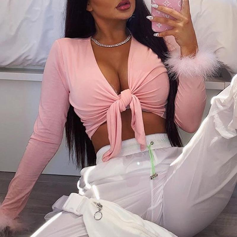 Pink knot tie feather sleeve short feminine blouse Women