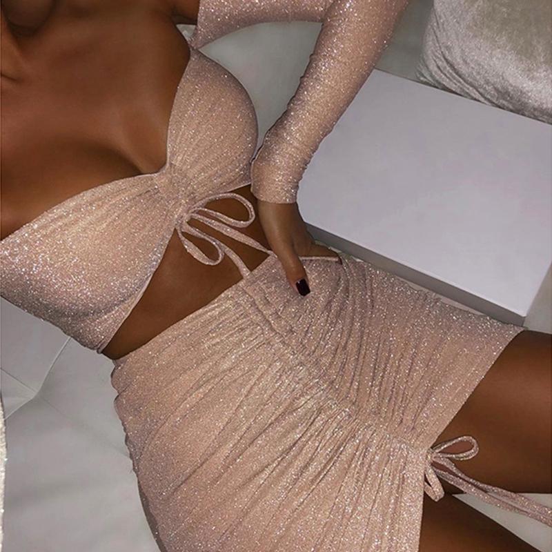Two piece lurex pink lace up short dress Women high waist
