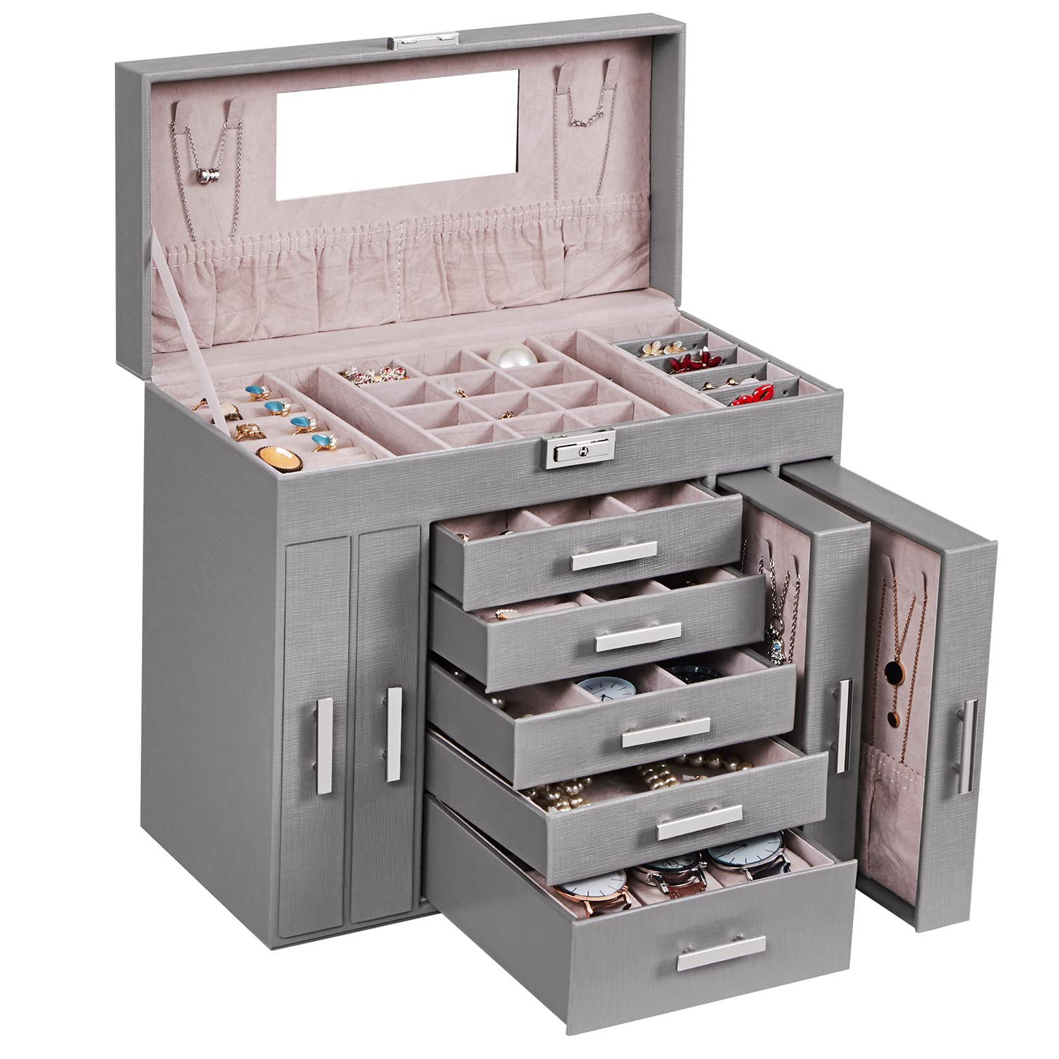 ANWBROAD Huge Jewelry Box Jewelry Organizer 6 Tier Jewelery Case Storage with Lock Mirror Jewelry Chest Large Jewellery Organizer for Earrings Rings Necklaces Bracelets Gift Grey Faux Leather UJJB018H