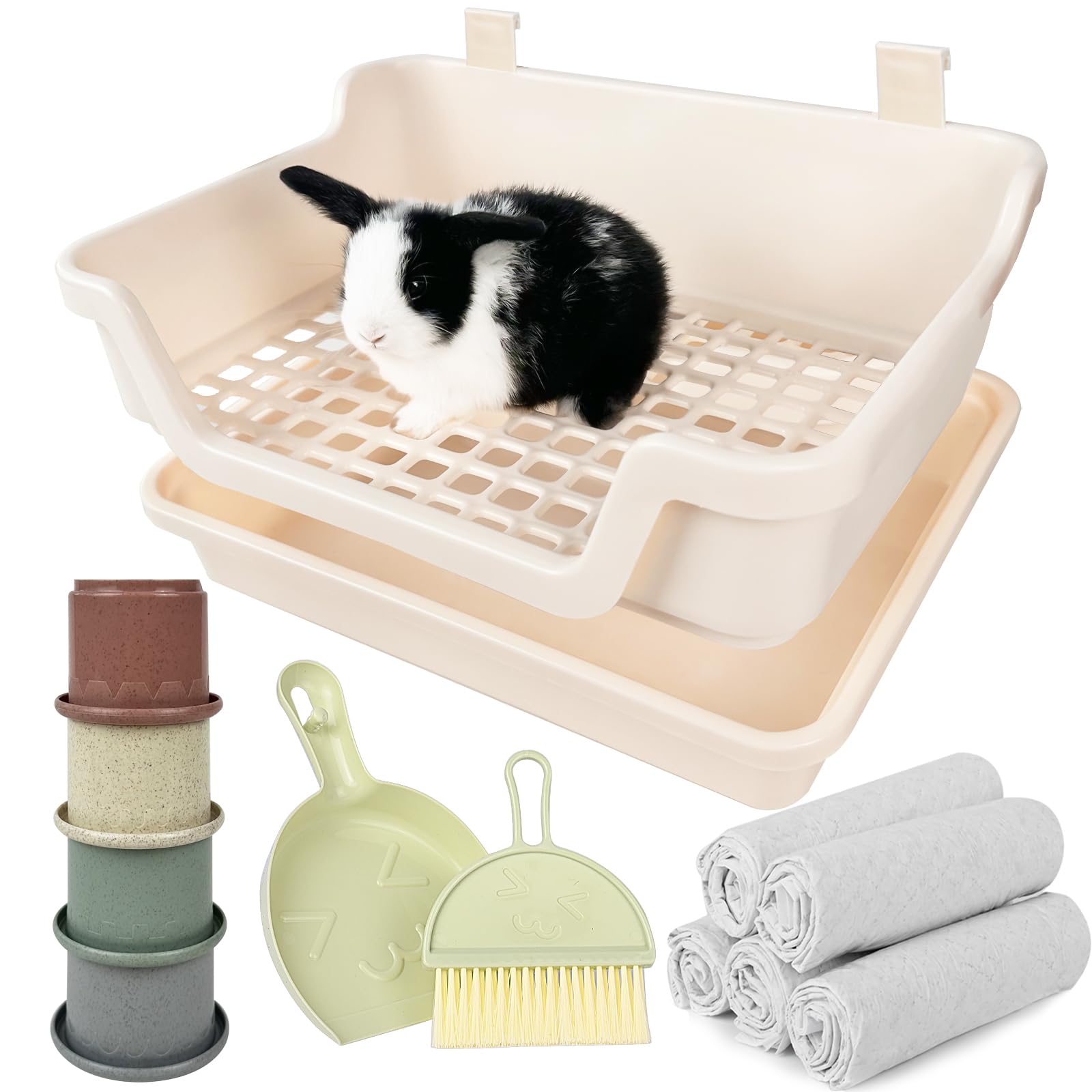 Yuoaes Large Rabbit Litter Box w/Plastic Grid & Dump Tray-Bunny Litter Pan Small Animal Potty Toilet - Pet Bunny Supplies Rabbit Cage Accessories for Training Corner Litter Box (Cream)