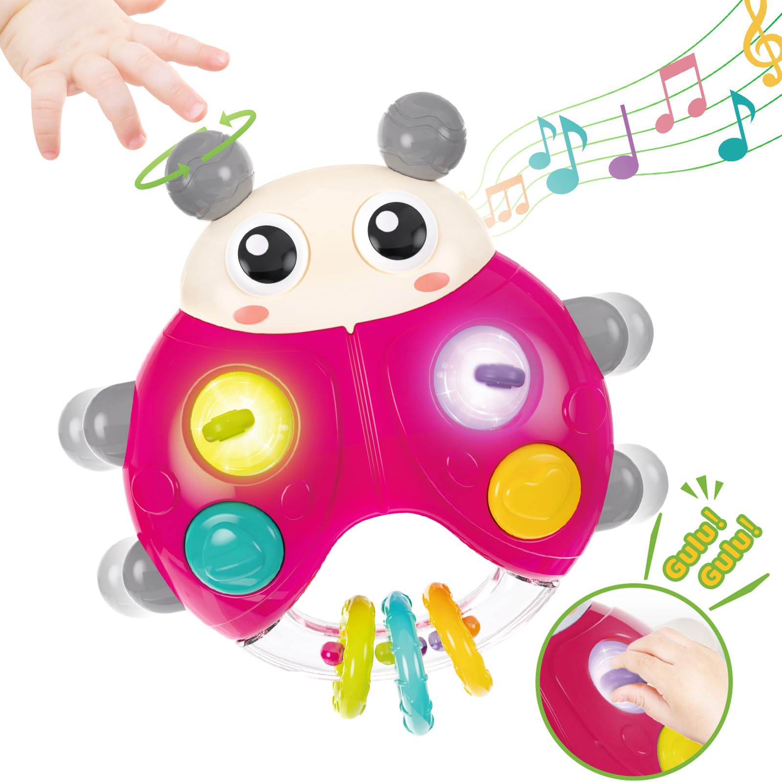 SURDOTE Ladybug Baby Light Up Toys with Rattle Led Light Music Interactive Educational Fine Motor Development Toy for 3-6-12-18-24 Months Baby Toddler - Red