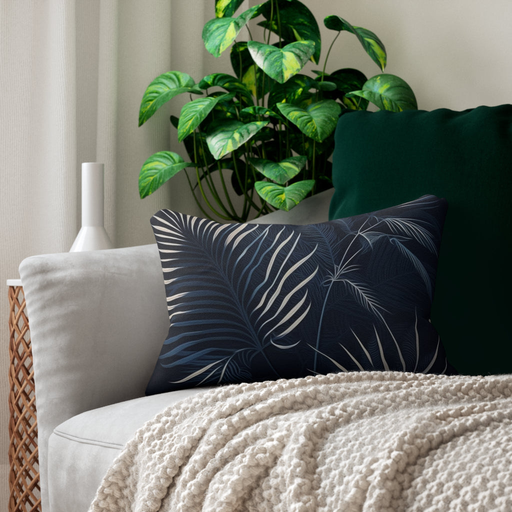 Decorative Lumbar Throw Pillow - White Line Art Palm Tree Leaves Navy