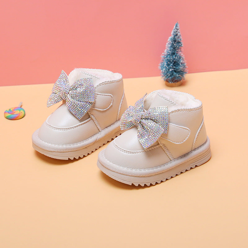Color: Beige, Size: 22 - Baby princess toddler cotton shoes soft soled cotton boots