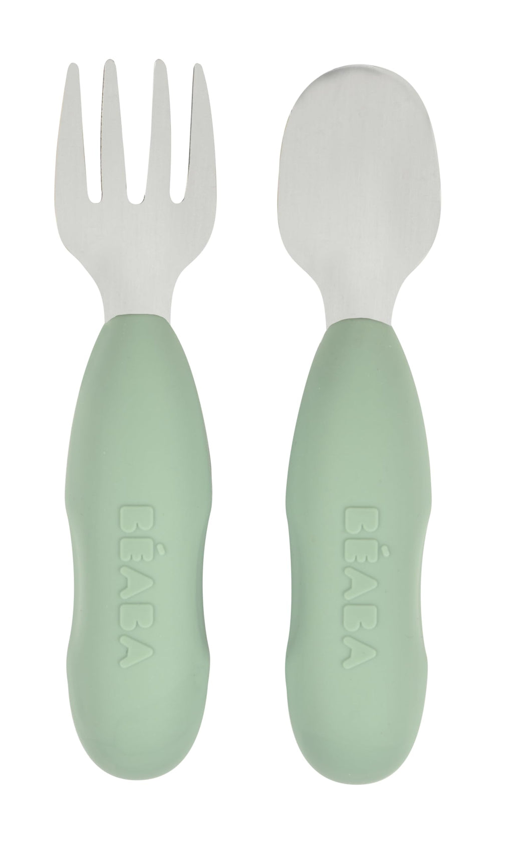 BEABA Set of 2 Stainless Steel Pre-Cutlery Baby Toddler Stainless Steel with Silicone Utensils Silverware Spoon Fork for Baby Toddler Sage